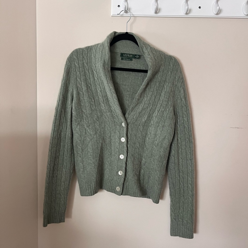 Ralph Lauren Women's 100% Cashmere Cable Knit Cardigan Green